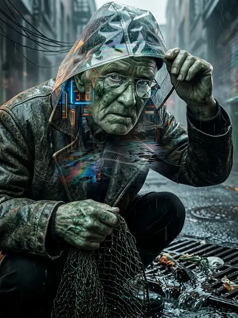 An elderly fisherman crouched in a rain-soaked back alley beside overflowing sto - AI生成图片 3