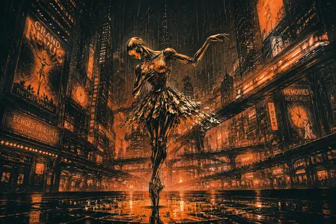 雨夜霓虹巨城的高空轻轨站台上，一位机器人芭蕾舞者独自谢幕般停驻，纤长金属肢体以液态水银质感流动反光，关节像精密珠宝般细致，足尖立于积水薄镜中，裙摆由层层破碎的反 - AI生成图片 1