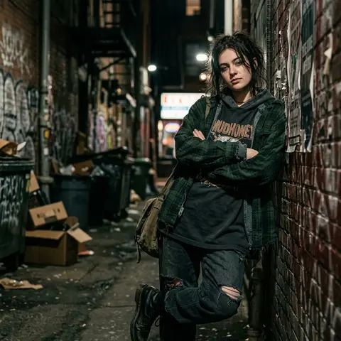 A high-detail photograph of a defiant woman posing nonchalantly. She has a messy - AI生成图片 2
