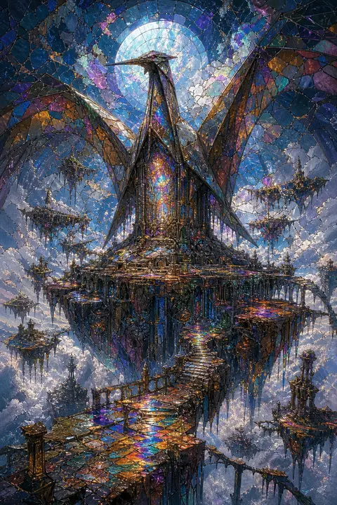 一只觉醒的折纸纸鹤化作天空群岛的远古守望者，通体由潮湿陶土塑成却保留锋利折线结构，双翼如巨大拱形穹顶展开，立于悬浮天际岛屿之巅，姿态庄严如神像降临；周围漂浮着层 - AI生成图片 1