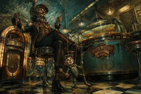 Ancient dockside troubadour in a 1950s chrome diner, soft felt marionette rods i - AI生成图片 2