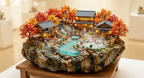 一个博物馆典藏级的超精致微缩世界场景：日式秋季露天温泉村被完整打造在一块厚实、自然断裂感强烈的不规则岩石基座之上，基座下方由细致木质承托脚稳稳支撑，仿佛顶级匠人 - AI生成图片 2