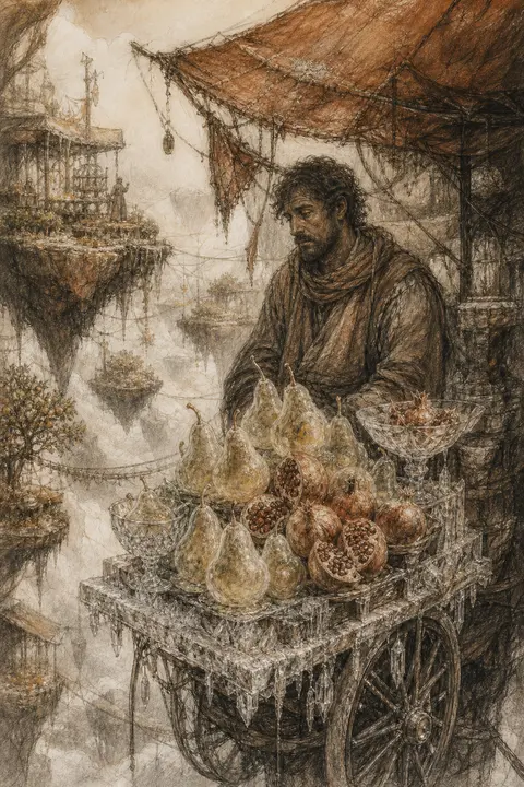 charcoal sketch of a melancholic market fruit vendor on floating sky islands, ba - AI生成图片 2