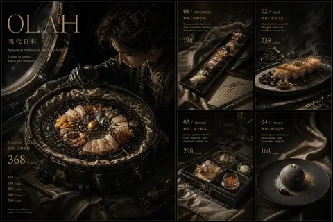 超奢华五联画餐饮 campaign board，严格版式：左侧单一巨幅主视觉，右侧四幅小画面 2x2 精密网格；将整体世界彻底重构为一座环轨空间站中的怀旧仪式性 - AI生成图片 2
