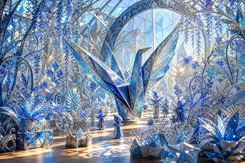 A jubilant origami paper crane awakened mid-motion inside a radiant greenhouse, - AI生成图片 1