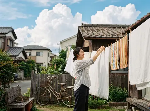 A beautiful Japanese woman hanging freshly washed white linen outside a tiny woo - AI生成图片 2