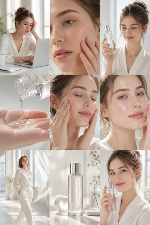 Create a clean, bright skincare commercial storyboard in a 16:9 layout with 9 pa - AI生成图片 2
