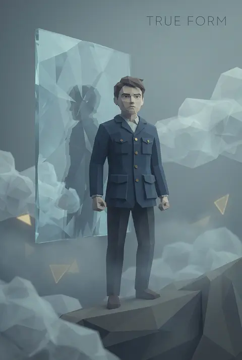 A low-poly 3D editorial scene of a young tinkering inventor standing alone in a - AI生成图片 2