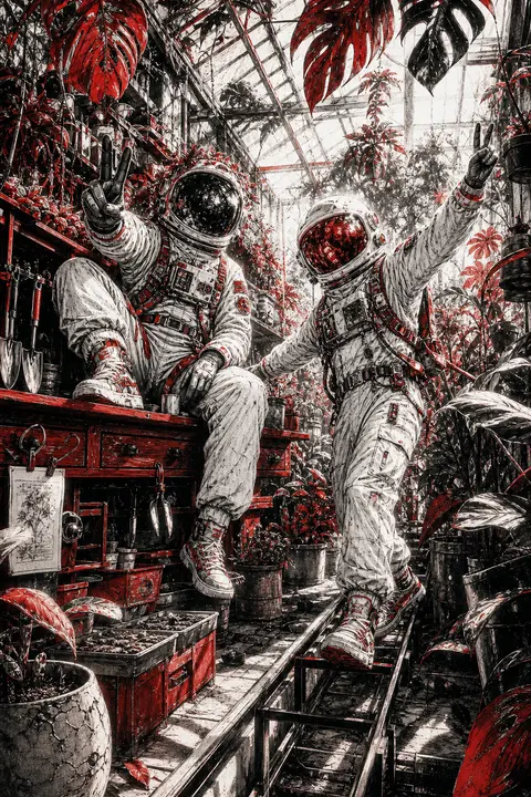 Two twin astronaut explorers with mismatched visors and playful body language lo - AI生成图片 1