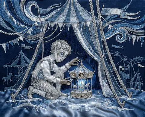 At midnight in a frostbitten carnival, a young tinkering inventor stands beneath - AI生成图片 1