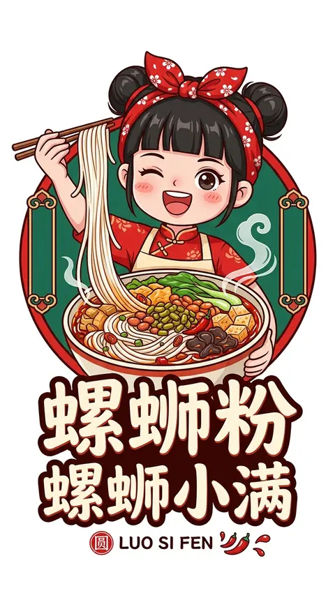 一张干净白底的中国风可爱餐饮品牌插画海报，中心构图，Q版动漫女孩手捧一大碗螺蛳粉，整体做成精致餐饮logo/包装贴纸风。女孩是甜美少女形象，黑色头发，双丸子头， - AI生成图片 4