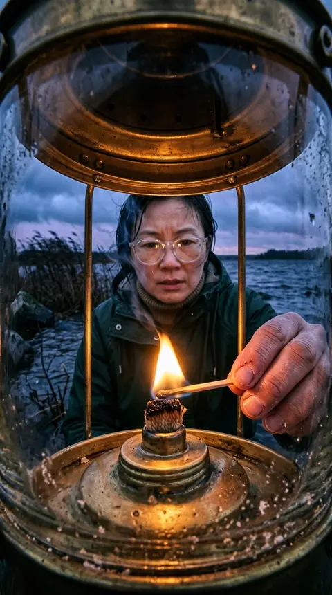 超写实电影级照片，采用极端贴近视角，仿佛相机被安置在一只复古船用防风提灯的透明罩腔内向外凝视；画面四周被弯曲玻璃包围，玻璃表面覆着雾珠、盐霜般的细小颗粒、擦拭留 - AI生成图片 2