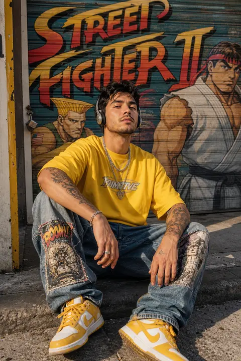 Sunlit urban streetwear portrait of a stylish young man sitting casually on a co - AI生成图片 2