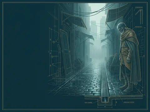 blueprint schematic of an elderly fisherman pausing in a rain-soaked back alley, - AI生成图片 3