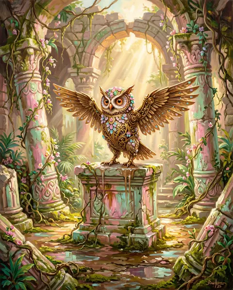 A jubilant clockwork owl with filigreed brass wings perches atop a crumbling alt - AI生成图片 3