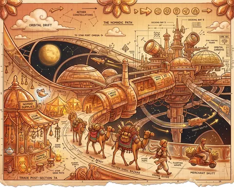 一幅充满顽皮奇想的高细节蓝图式示意插画，竖版构图，以“漂泊与探索”为抽象核心，却彻底转化为一支沙漠游牧商队穿行在环形轨道空间站内部的奇异场景。整体采用陶土色、赭 - AI生成图片 2