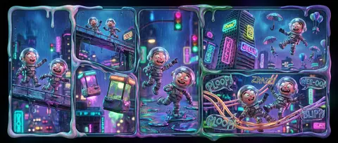 Full-page 9:16 claymation stop-motion comic tableau set in a rain-drenched neon - AI生成图片 2