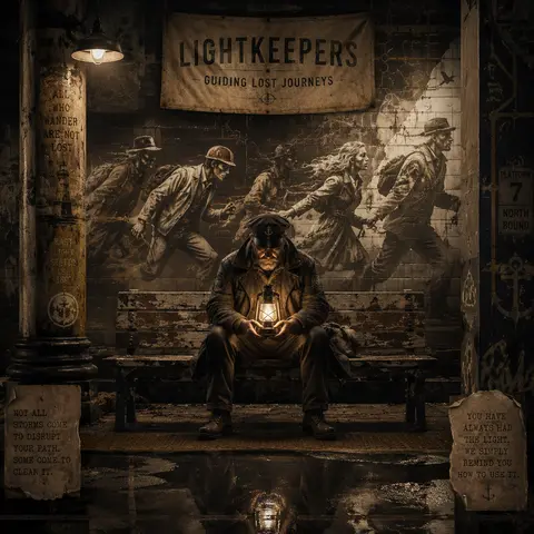 Vertical 9:16 poster, a solitary lighthouse keeper seated on a cracked bench at - AI生成图片 3