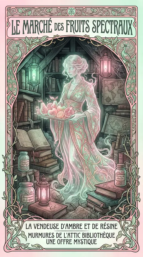 An eerie art nouveau poster of a translucent resin market fruit vendor rising fr - AI生成图片 2