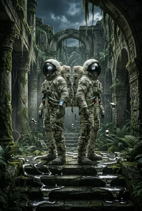 a cinematic double-exposure tableau of twin astronaut explorers standing back-to - AI生成图片 2