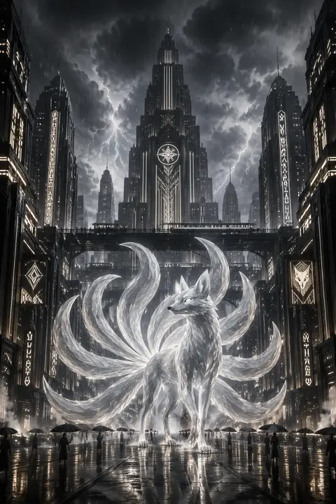 Epic art deco travel poster of a mythical nine-tailed fox spirit striding throug - AI生成图片 1