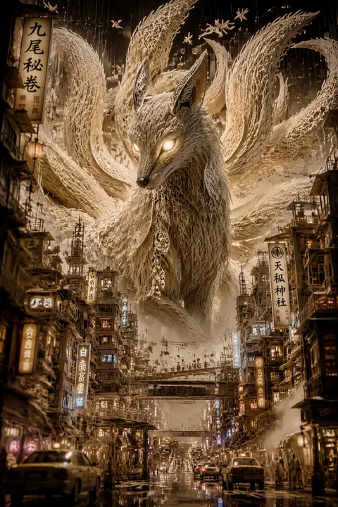 masterpiece, best quality, monumental fantasy scene, a colossal nine-tailed fox - AI生成图片 2