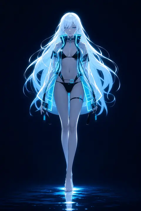 full body view of a mysterious anime woman, long flowing white hair, futuristic - AI生成图片 2