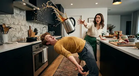 Surreal comedic freeze-frame in a sleek modern kitchen: Julian Voss, a wiry aubu - AI生成图片 1