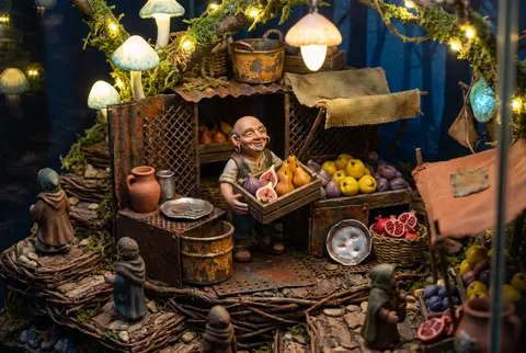 Ultra-detailed isometric miniature scene of a jubilant fruit vendor in a glowing - AI生成图片 2