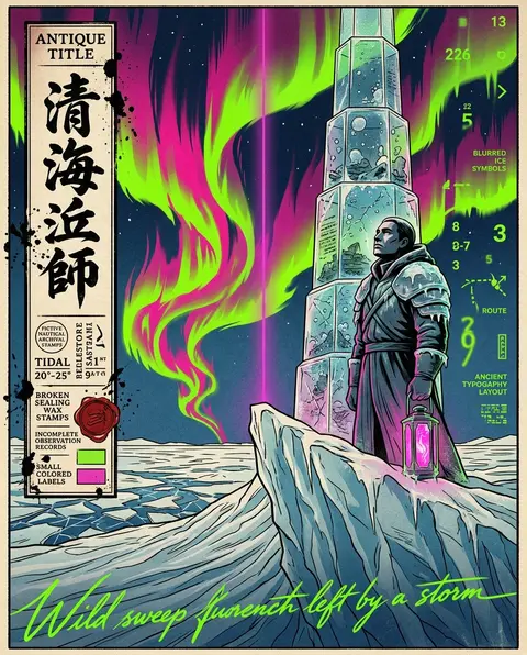 史诗感纪念版画海报，2:3 纵向构图；极地冰原之上，极光像撕裂天幕的火焰帷幕，酸性霓虹绿与高饱和洋红在夜空中翻卷交错；一名守塔人立于画面偏右的巨大冰脊顶端，身形 - AI生成图片 1