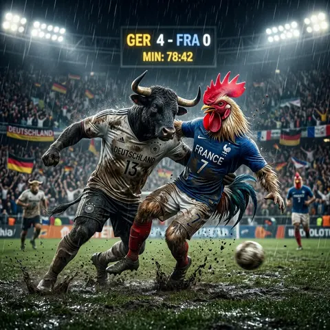 A surreal, high-intensity football match unfolds in a rain-drenched stadium wher - AI生成图片 1