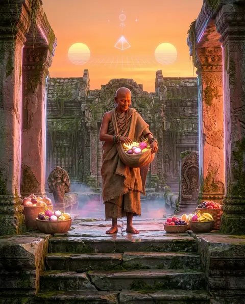 Vertical 9:16 — a serene dreamscape of a copper-skinned fruit vendor draped in l - AI生成图片 1