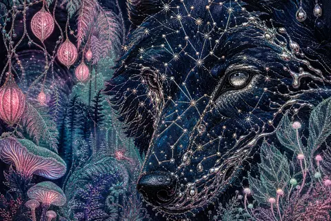 Close-up embroidered textile artwork of an otherworldly wolf formed entirely fro - AI生成图片 1