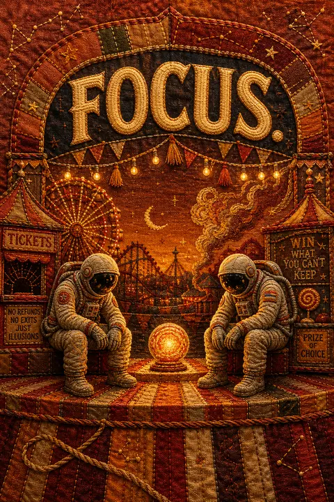 Two twin astronaut explorers paused at a midnight carnival, seated apart on a de - AI生成图片 1