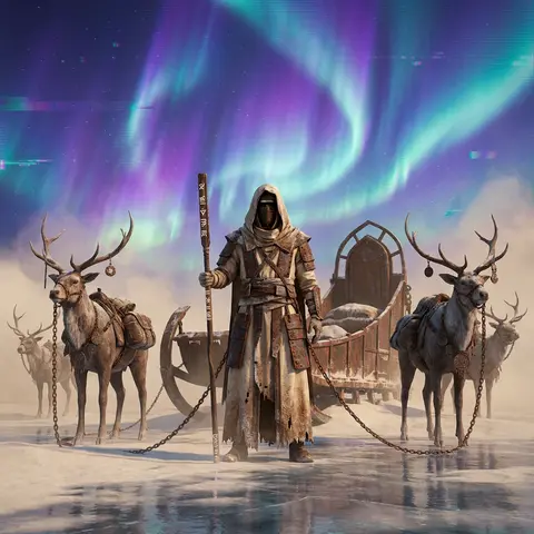 Full-body cinematic composition of a desert nomad caravan halted on a wind-scour - AI生成图片 1