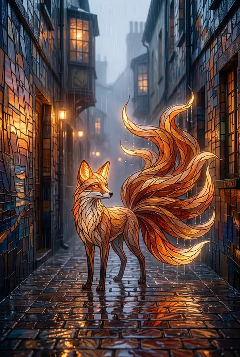 暮雨浸透的狭窄后巷里，静立着一只神话中的九尾狐灵，身形修长优雅，尾羽般的九条长尾以编织真丝质感层层展开，仿佛被晚霞染透的织物在空气中缓缓漂浮；地面潮湿反光，积水 - AI生成图片 2