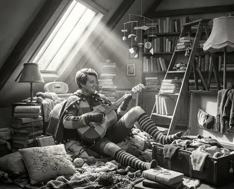 A jubilant vaporwave editorial scene inside a sun-drenched attic library packed - AI生成图片 1