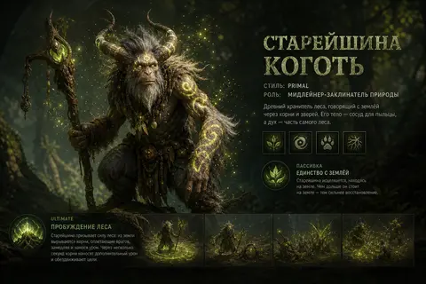 СТАРЕЙШИНА КОГОТЬ — Стиль: PrimalРоль: Мидлейнер-заклинатель природы | Внешность - AI生成图片 3