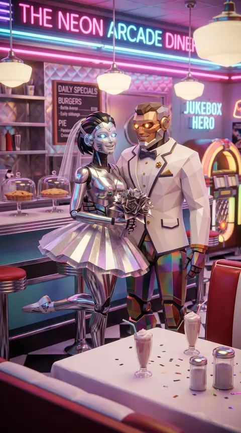 A joyful wedding portrait of two original battle-arena champions inside a neon-l - AI生成图片 1