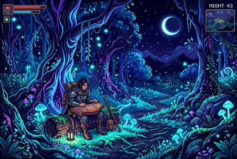 A dreamy 16-bit pixel art scene of a wandering street musician in a bioluminesce - AI生成图片 3