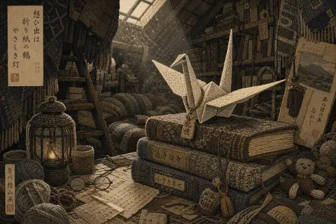 A living origami paper crane perched on a stack of timeworn wool-bound books in - AI生成图片 1
