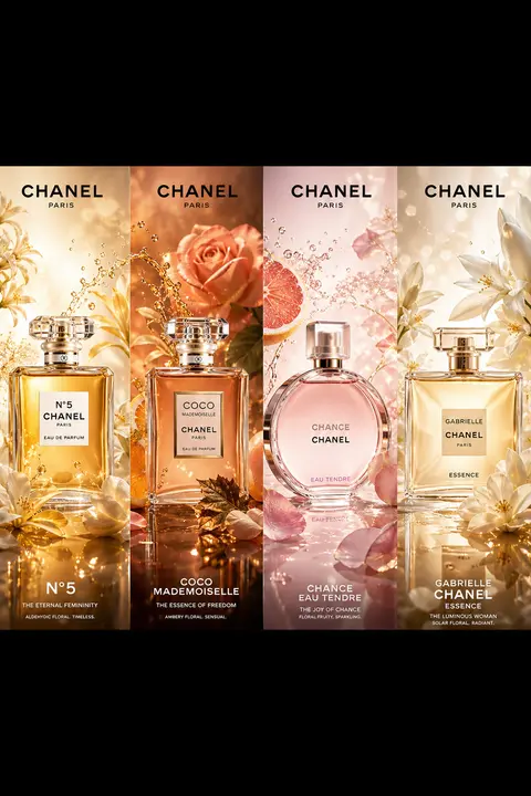 Create an ultra-premium horizontal 4-panel Chanel perfume campaign poster with a - AI生成图片 1