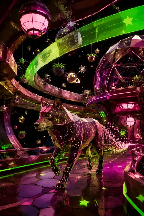 A playful whimsical low-poly 3D render of a wolf formed from sparkling star-cons - AI生成图片 2