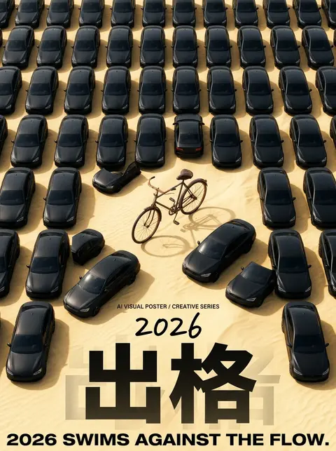 竖版 `3:4` 概念海报，高角度俯视构图，正上方直拍。整幅画面被大量整齐排列的同款哑光黑色现代轿车填满，车辆以高密度矩阵分布在平坦起伏极轻的淡金色沙漠沙丘表面 - AI生成图片 1