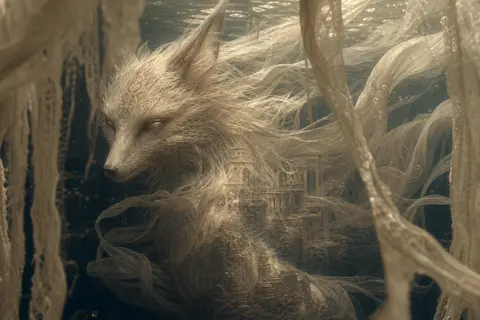 a mythical nine-tailed fox spirit drifting through a vast underwater abyss, its - AI生成图片 1
