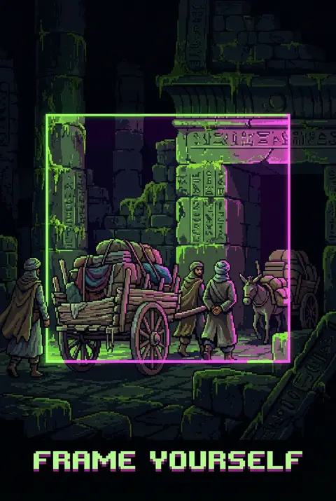 16-bit pixel art of a tense desert nomad caravan moving through ancient moss-cov - AI生成图片 3