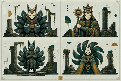 一张充满留白的古庙遗迹四联海报，背景不是纯白而是极浅雾青色纸面，细金线分隔成四个均衡画面；整体采用Bauhaus几何招贴语言，把角色压缩成圆、扇形、阶梯块、细长 - AI生成图片 2