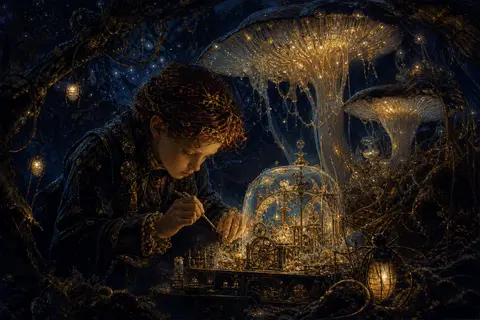 A young tinkering inventor with copper-threaded hair crouches beneath giant glow - AI生成图片 2