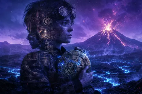 双重曝光摄影，电光紫外与青蓝主调；十六岁的短发发明学徒伊洛，戴着裂纹护目镜和焦黑围裙，独自伫立在黑曜石熔渣平原与远处喷发火山之间，怀里抱着一枚手工铆接的锤纹铜机 - AI生成图片 1