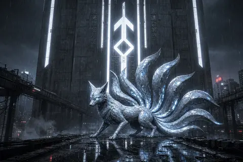 a mythical nine-tailed fox spirit poised on a fractured elevated transit spine a - AI生成图片 2